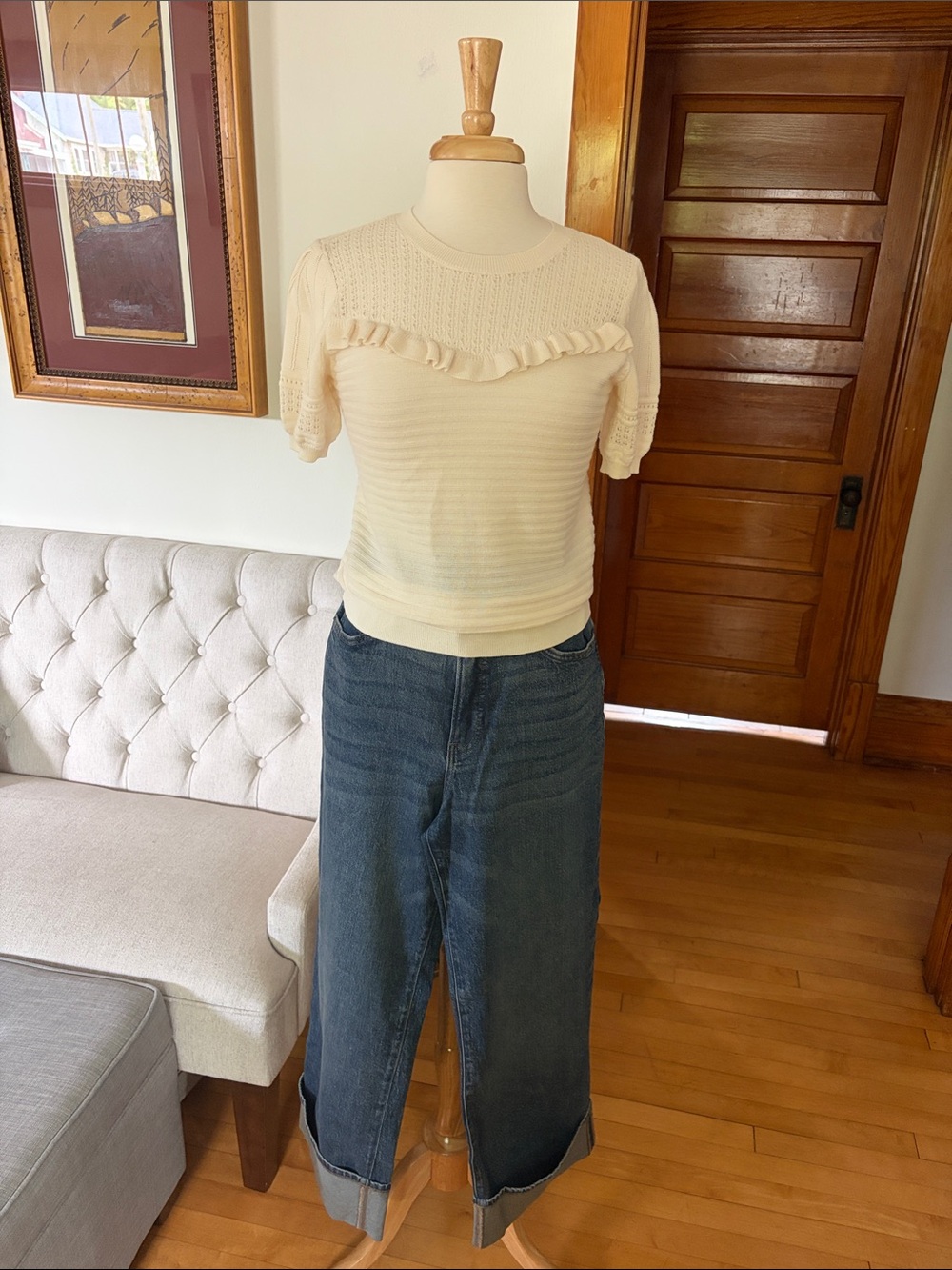 LOFT Cream Ruffle Short-Sleeve Knit Sweater